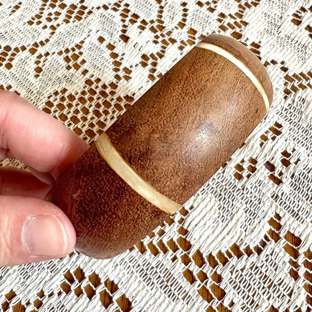 Vintage Wood Bangle Bracelet Cream Inlay Stripes Statement Bohemian Chunky Retro